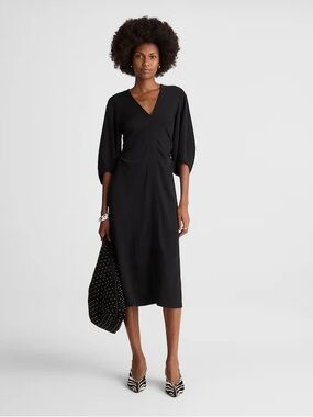‼️NEW Madewell Black V-Neck Ruched Midi Dress